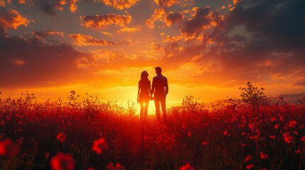Fototapeta premium A couple embraces in a meadow at sunset, surrounded by vibrant red flowers