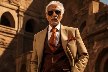 Portrait of a blissful indian man in his 70s dressed in a stylish blazer over backdrop of ancient ruins