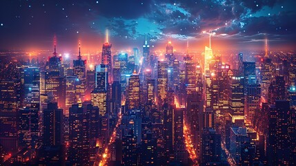 Fototapeta premium City Lights at Night: A lively urban scene with glowing lights and modern buildings capturing the essence of city nightlife and the energy of a thriving metropolis. High resolution Illustration, in