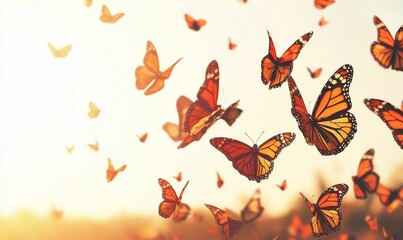 Butterflies flying in a warm sunset.