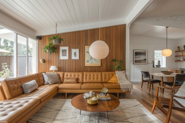 Mid-century modern living room with a large brown wood panel wall, white ceiling and floor, tan leather couch, and dining area.