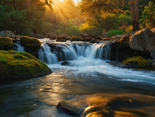 Waterfall in the evening forest