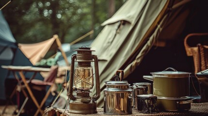 Close-up of vintage tents, lanterns, and cooking gear arranged for a nostalgic feel.