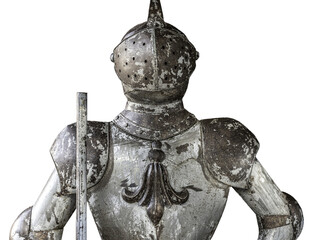 Portrait of a old rusted medieval british grand armour on a white background. It is made of iron...