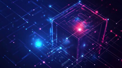 Abstract digital cube with glowing lines and dots on dark blue background.