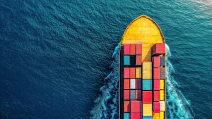 High angle view of container ship in ocean with freight. Maritime shipping industry 