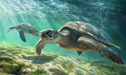 Fototapeta premium Two sea turtles swim in a turquoise ocean.