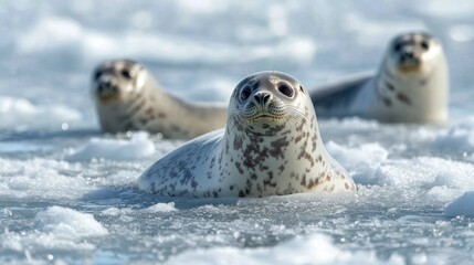 Arctic Serenity: Playful Family of Seals Basking in Winter Sun on Ice Floe with Cinematic Light, Wildlife Photography
