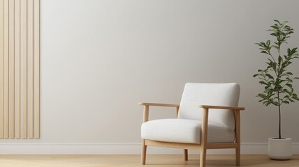A modern, minimalist interior featuring a stylish white chair and a greenery element, ideal for home decor inspiration.