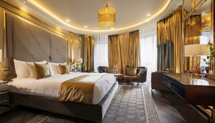 Luxurious hotel room with bed ,Elegance Redefined: The Golden Touch in Luxurious Bedroom Design,luxury hotel bedroom