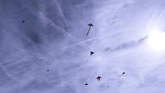 viele farbenfrohe Winddrachen tanzen im leichten Wind an herstlichem leicht bew&ouml;lktem Himmel, Drachensteigen, Windvogel, Drachenflugger&auml;t, bunt, Drachen basteln