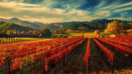 Fototapeta premium Autumnal Vineyard Landscape with Rolling Hills and Golden Sky