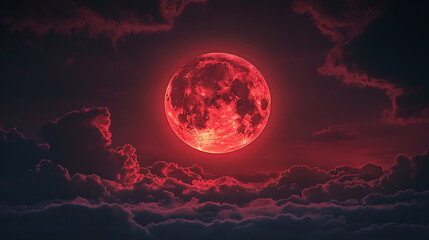 Illustration of a red moon glowing in the night sky