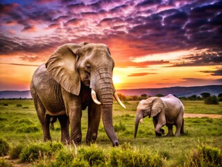Fototapeta premium Majestic Adult Desert Elephants with Baby in the Savannah at Dusk - Captivating Low Light Photography