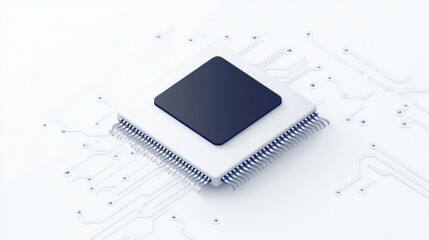 A single, isolated, white microprocessor chip, on a white circuit board, with silver pins.
