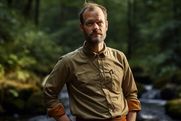 Obraz premium Portrait of a glad man in his 40s sporting a technical climbing shirt in tranquil forest stream