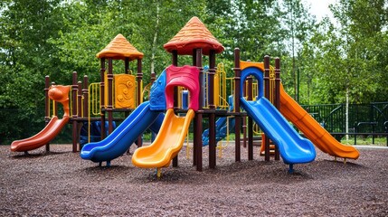 A vibrant commercial playground featuring diverse equipment for kids.