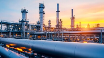 Futuristic petrochemical plant with glowing steel pipelines, sunset reflections on metal, vast industrial landscape, high-tech gas and oil processing facility