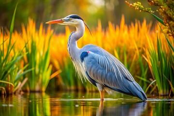 Naklejka premium Majestic grey heron skillfully hunts amidst lush reeds, showcasing nature's beauty in a stunning panoramic photograph that captures the essence of