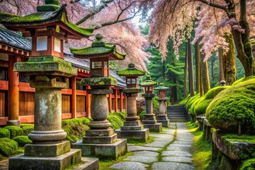 Majestic Japanese Shrine Pillars Amidst Nature's Serenity - Captivating Documentary Photography
