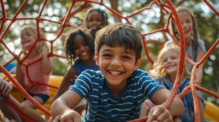 A diverse group of kids engaging in imaginative play on equipment.