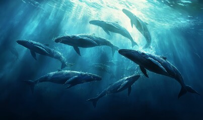Obraz premium Humpback whales swimming in blue water.