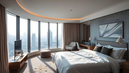 Light hotel bedroom interior with sleep and work zone, panoramic window isolated with white highlights, png