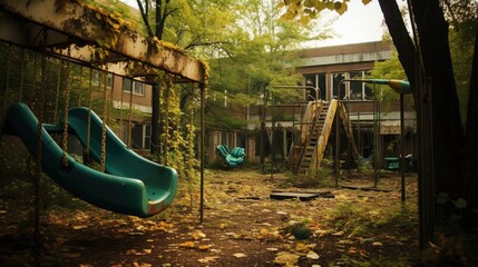 A nostalgic view of old swings and slides in an overgrown playground.