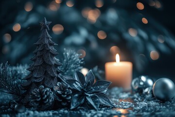 Small gothic, black style christmas tree surrounded by black-blue decorations and white lit candle. Dark blurry background with delicate golden lights bokeh. original, dark xmas postcard. 