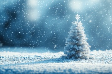 Frosted christmas tree with white star at the top growing alone from a snowy surface. Blue, snowy, blurry background with large copy space for greetings. Blue, snowy christmas card idea. Ecology. 