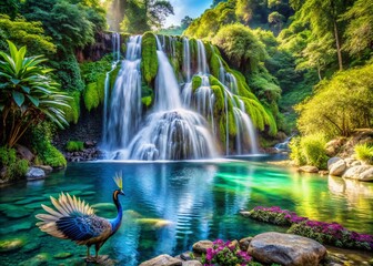 Majestic Peacock Displaying Feathers by a Serene Waterfall - Stunning Aerial Photography