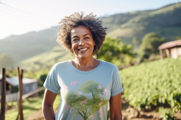 Portrait of a satisfied afro-american woman in her 50s sporting a vintage band t-shirt over backdrop of an idyllic countryside