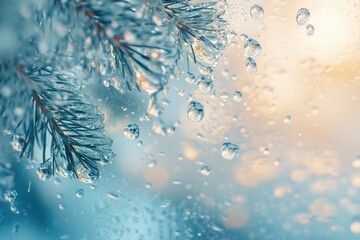 Extreme closeup of water droplets falling from the sicy pine branch. Daylight. Blurry background with bright sunshine. Large copy space. Christmas greetings postcard.