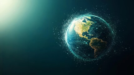 Obraz premium Global stock market represented as flowing data streams encircling Earth, blue and green hues, symbolizing worldwide equity investments and finance.