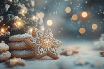Closeup of the homemade baked star shaped butter cookies with white frosting, standing next to the decorated christmas tree. Blurry, snowy background with large copy space. Christmas postcard idea.