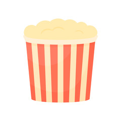 Classic popcorn in a striped red cup in cartoon style on a white isolated background. Popcorn for watching movies. Popular movie snack