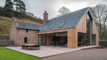 Naklejka premium Energy-efficient air source heat pump installed in a modern home, with the unit positioned discreetly outside.