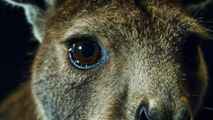 Close-up of an animal's face, showcasing its expressive eyes and textured fur.