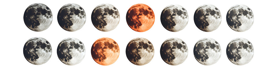 Obraz premium Various phases of the moon, from new moon to full moon, transparent background.