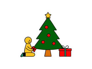 a Kid opening Christmas presents under the tree vector art illustration design on a white background.