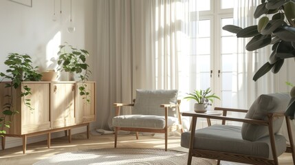 A Minimalist Living Room with Two Armchairs and a Wooden Cabinet