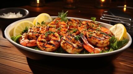 Grilled shrimp with lemon wedges and parsley on a bed of lettuce in a white bowl on a wooden table.