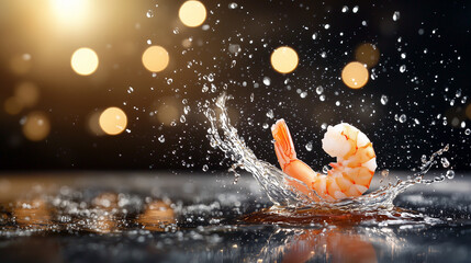Fototapeta premium An enticing scene featuring fresh shrimp plunging into soy sauce, creating an elegant splash with droplets suspended in the air, set against a dark backdrop with dramatic backlight