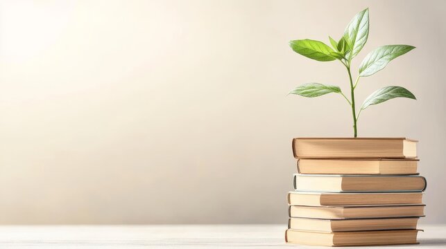 Financial Growth, a collection of books on investment terms beside a thriving plant symbolizing prosperity and knowledge expansion