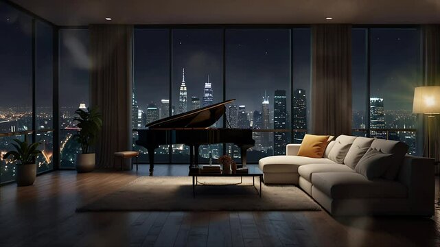 Piano and Sofa in the room with large windows. Seamless 4K looping timelapse video animation background