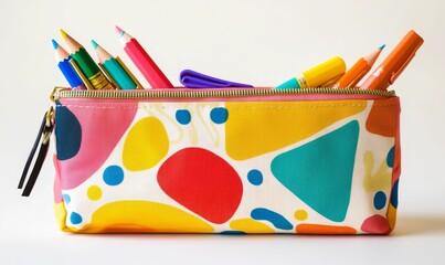 Colorful pencil case filled with pencils and pens.
