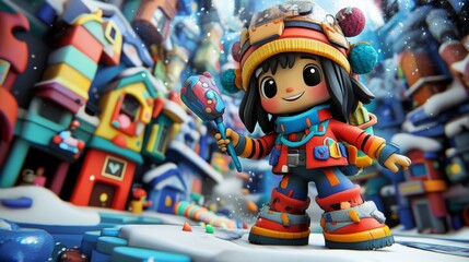 Naklejka premium 3D Cartoon Girl Character in Colorful Winter Town Scene