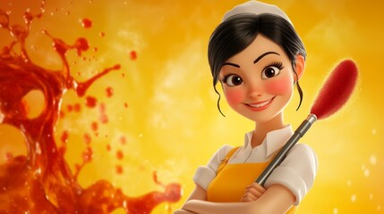 Cheerful Cartoon Chef Woman Holding a Whisk in a Kitchen Setting