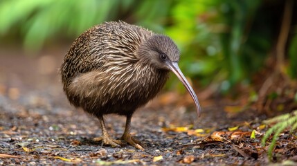 A kiwi bird walking in its natural habitat with its long beak. © Dara