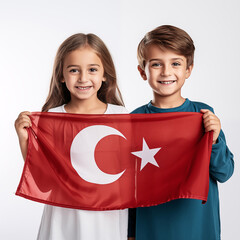 Children holding Turkish flag celebrating national holiday